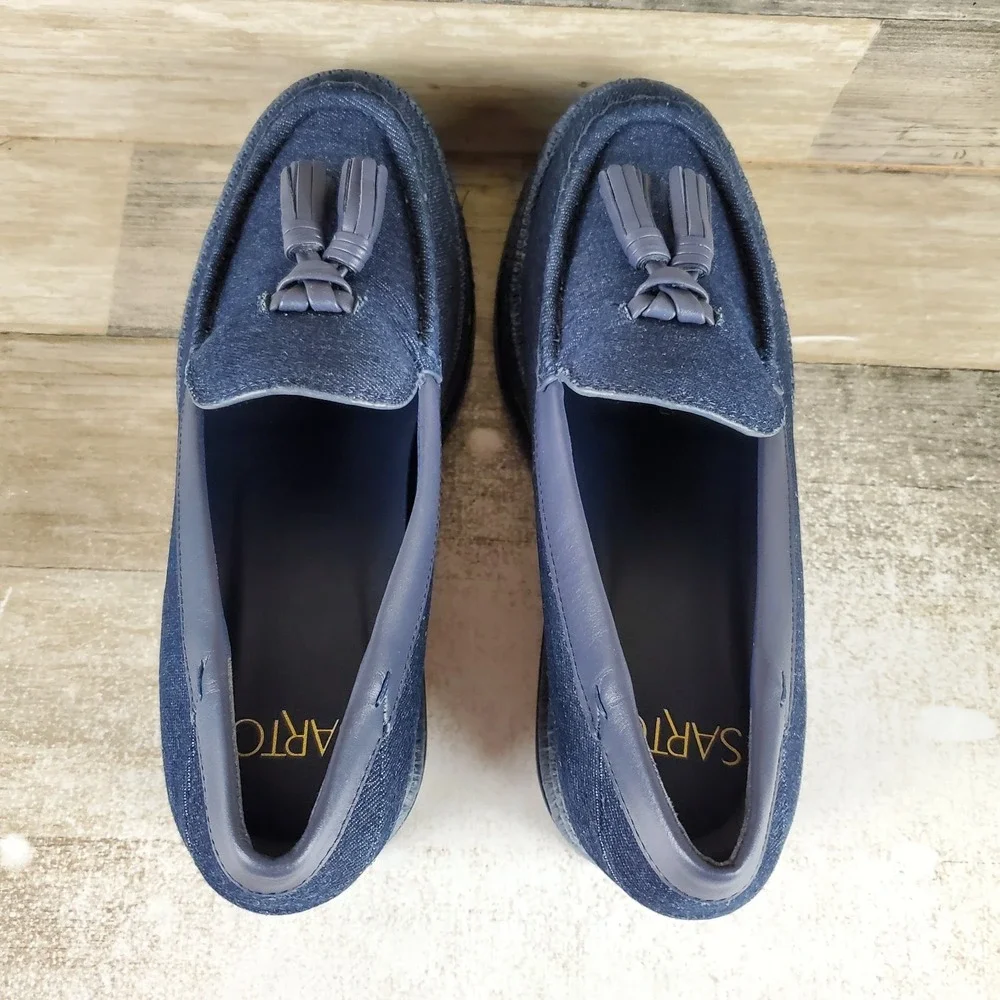 Franco Sarto Tremont Womens Platform Loafers Shoes Sz 7.5 M Denim Sabric Tassel